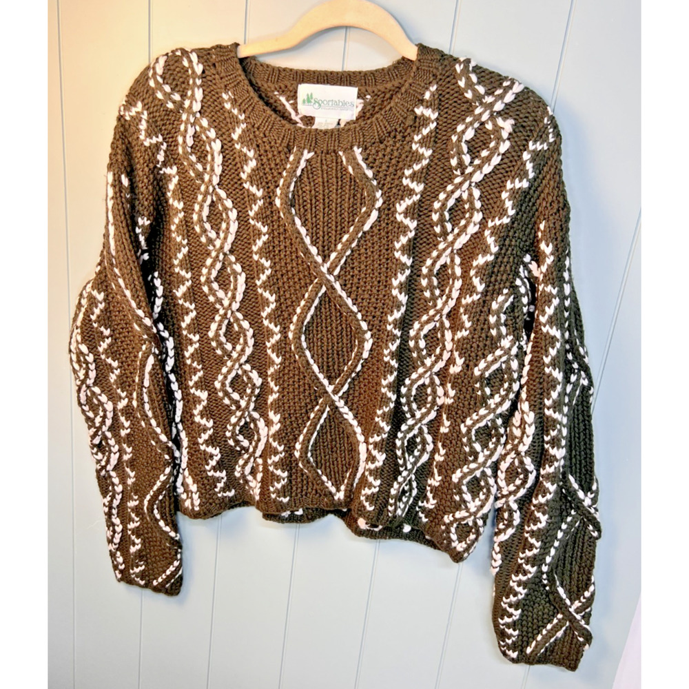 Vintage 90s Chunky Cable‎ Knit Sweater Brown Cream Wool Blend Heavy Cozy Small